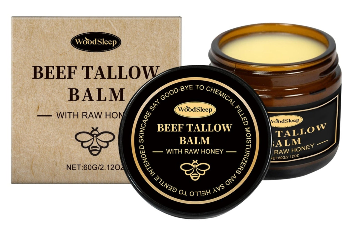 Beef tallow balm with packaging on a white background